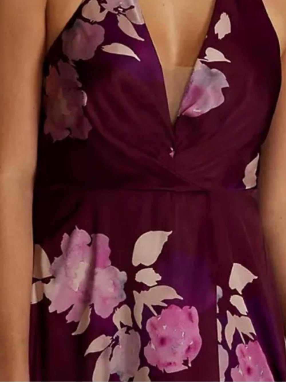 David's Bridal Plum Floral Plunge V-Neck A-Line Dress